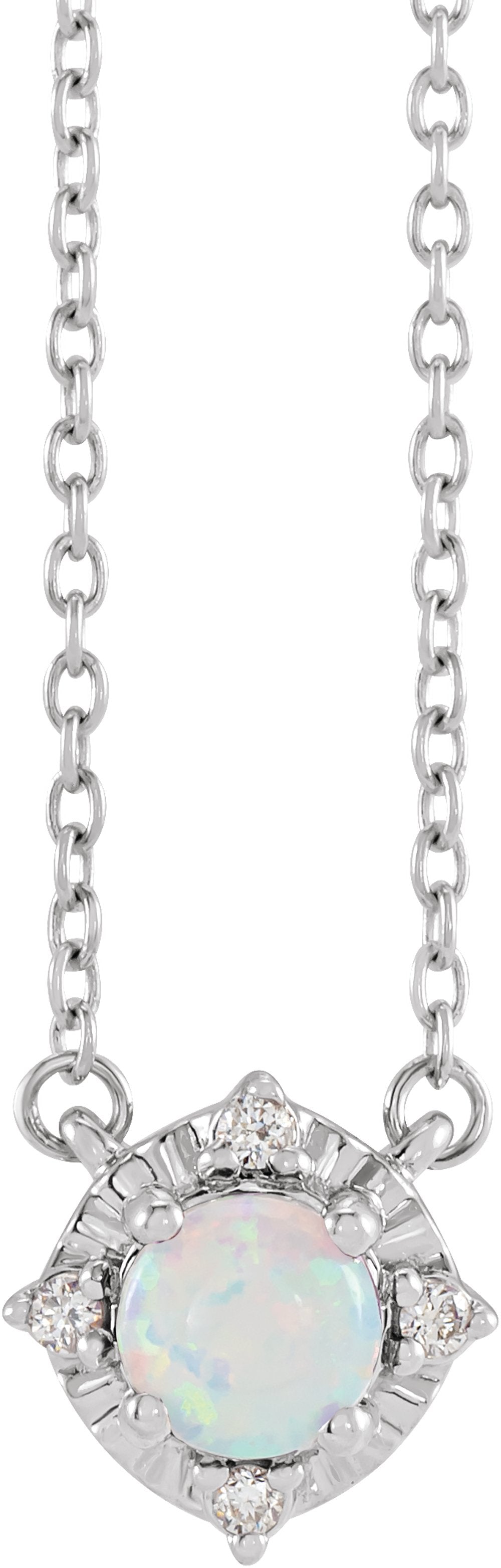 14K White Gold Lab-Grown White Opal & .04 CTW Natural Diamond Halo-Style 18" Necklace