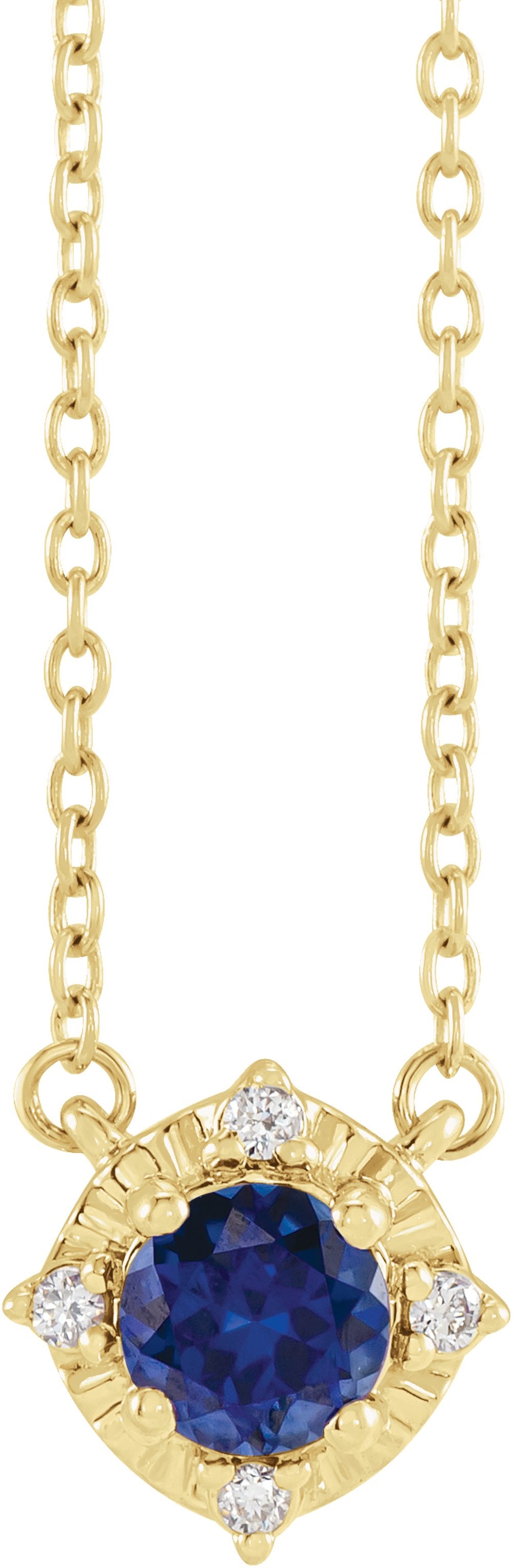 14K Yellow Gold Lab-Grown Blue Sapphire & .04 CTW Natural Diamond Halo-Style 18" Necklace