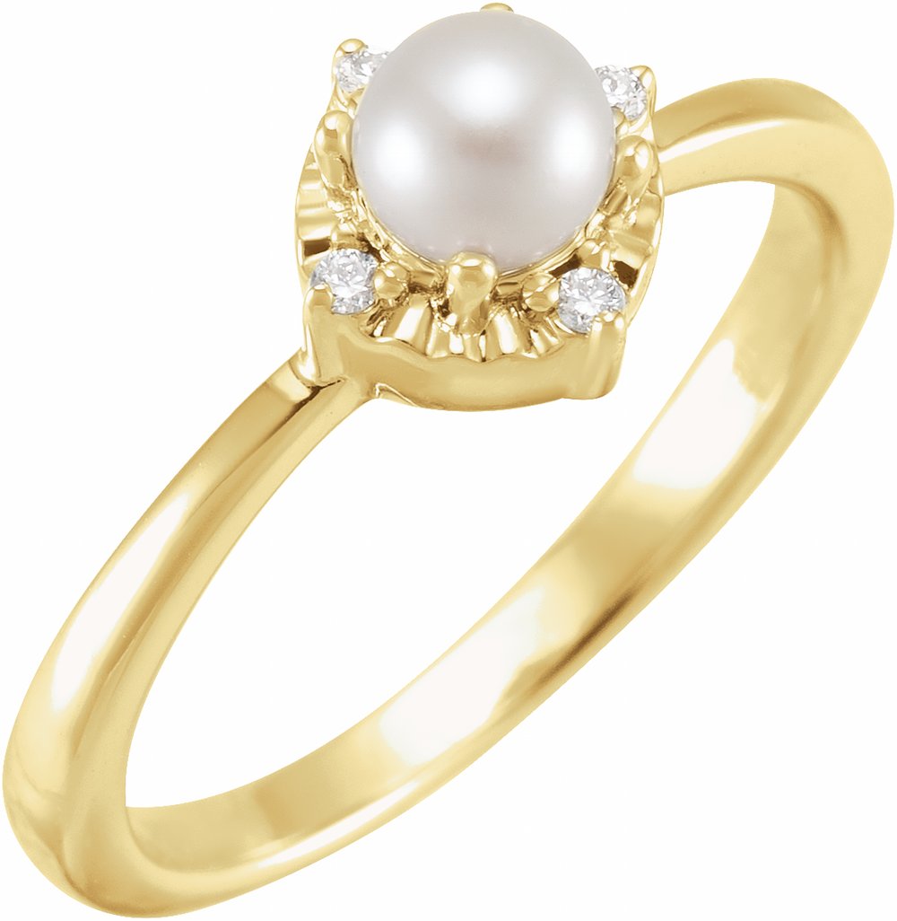 14K Yellow Gold Cultured White Freshwater Pearl & .04 CTW Natural Diamond Halo-Style Ring