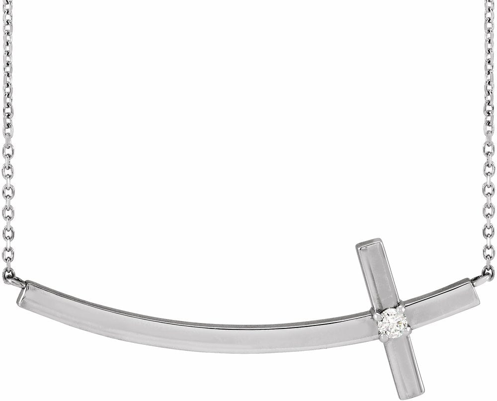 14K White Gold .06 CT Natural Diamond Sideways Cross 18" Necklace