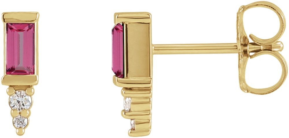 14K Yellow Natural Pink Tourmaline & .03 CTW Natural Diamond Bar Earrings