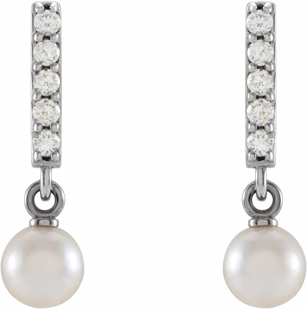 14K White Gold Cultured Akoya Pearl & .03 CTW Natural Diamond Bar Earrings