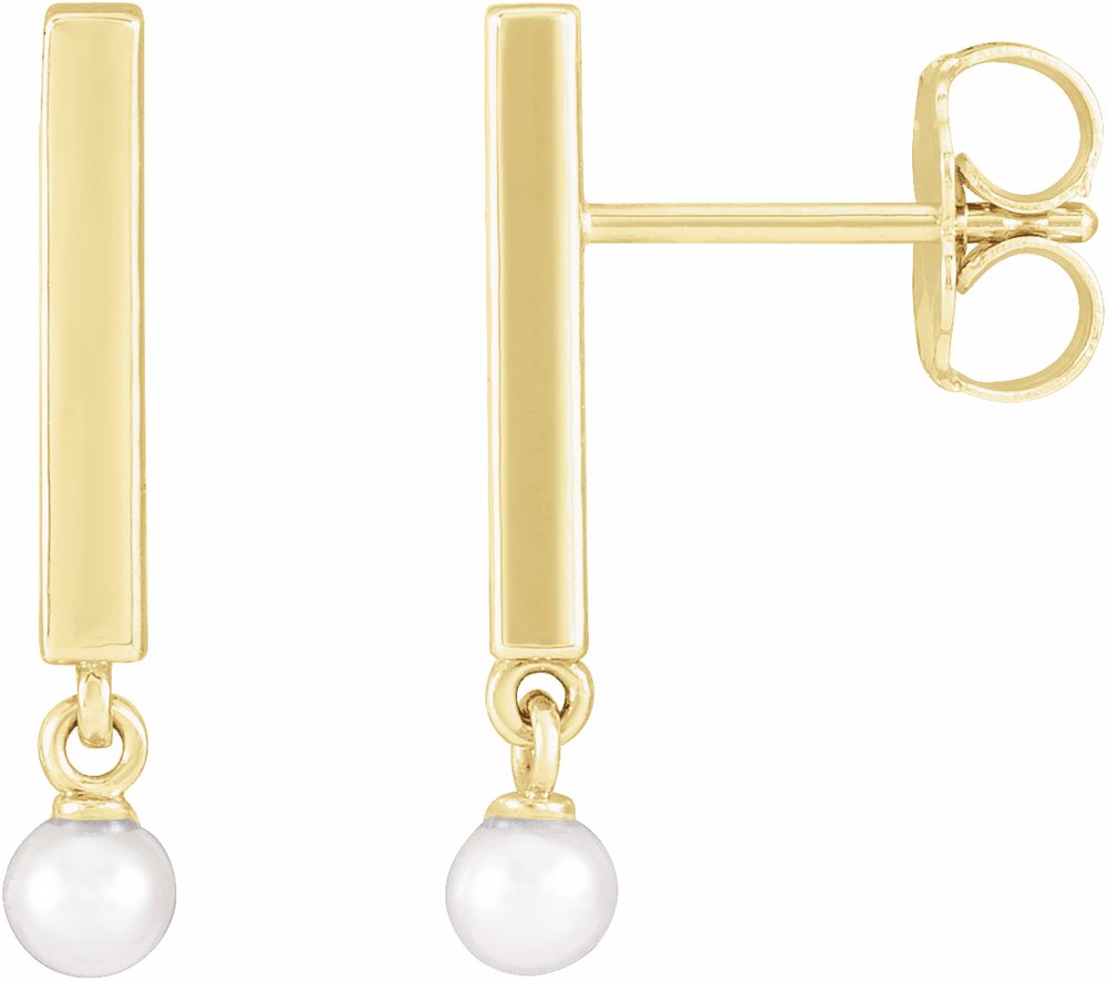 14K Yellow Gold Cultured White Seed Pearl Bar Earrings