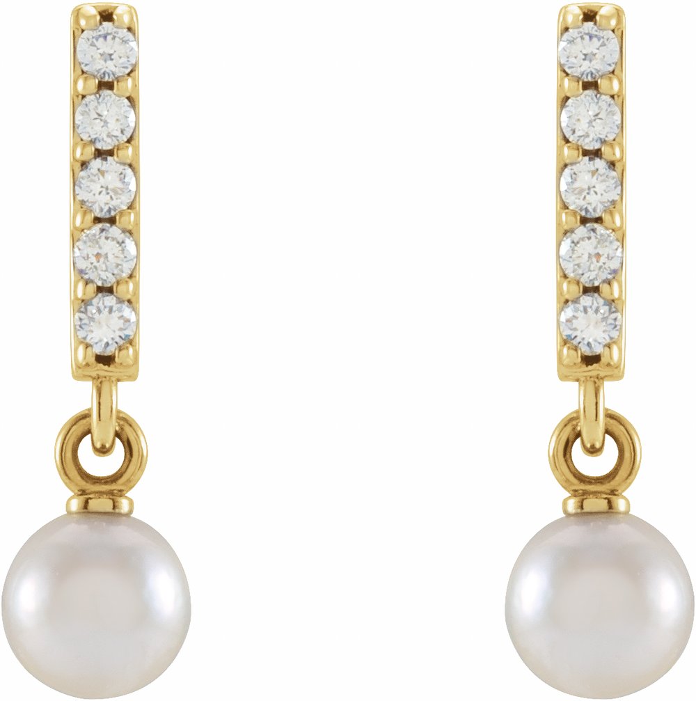 14K Yellow Gold Cultured Akoya Pearl & .03 CTW Natural Diamond Bar Earrings