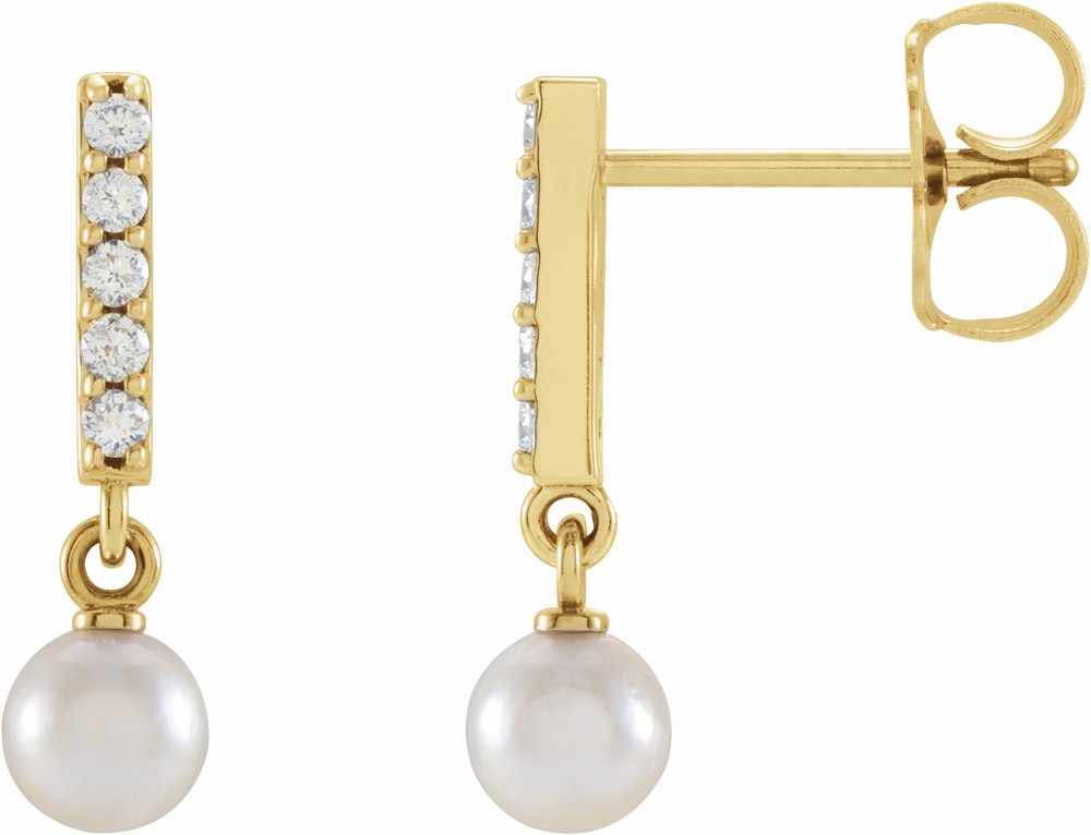 14K Yellow Gold Cultured Akoya Pearl & .03 CTW Natural Diamond Bar Earrings