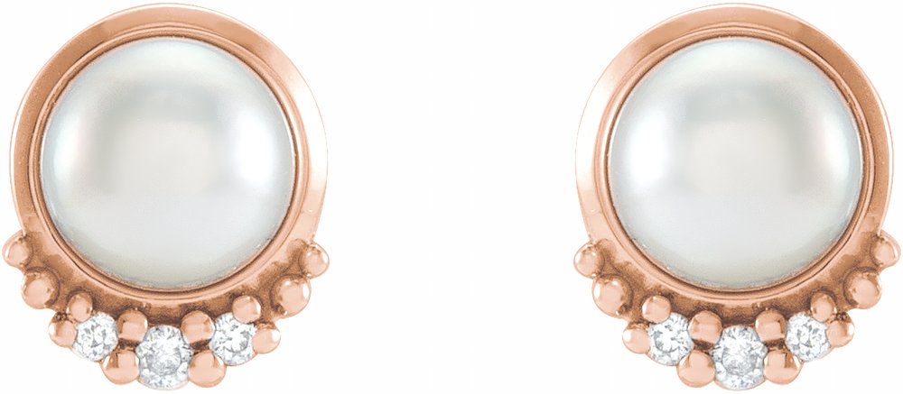 14K Rose Gold Cultured White Akoya Pearl & .02 CTW Natural Diamond Earrings
