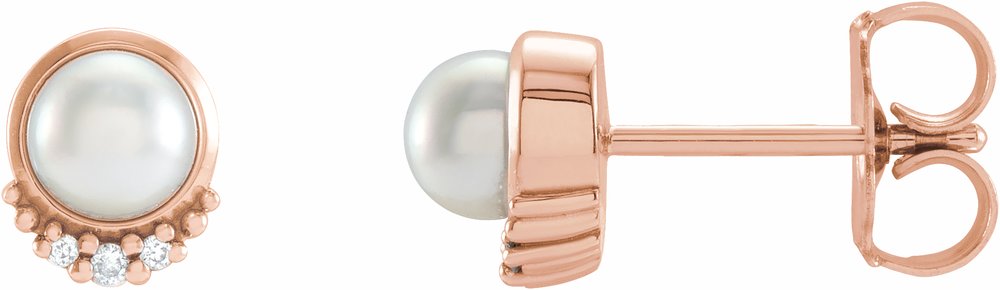 14K Rose Gold Cultured White Akoya Pearl & .02 CTW Natural Diamond Earrings