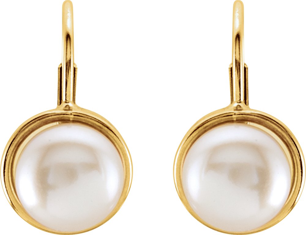 14K Yellow Gold Cultured White Freshwater Pearl Lever Back Earrings