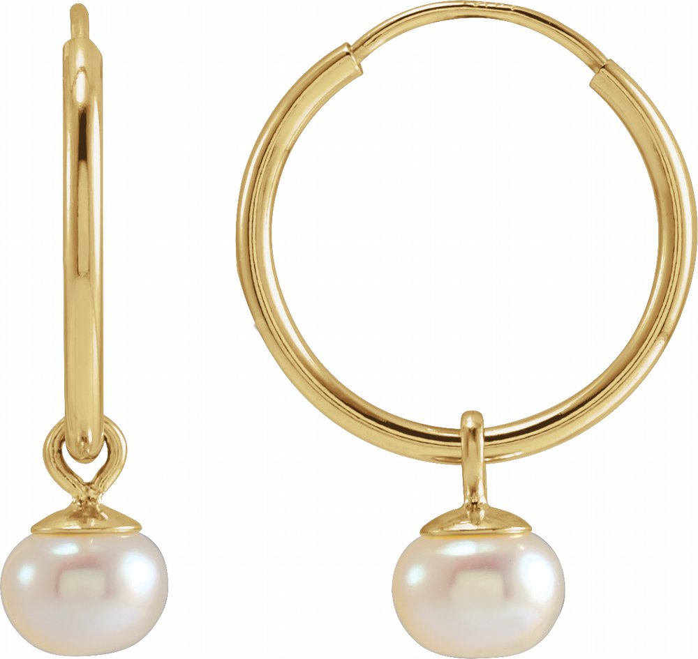14K Yellow Gold Cultured White Freshwater Pearl 12 mm Endless Hoop Earrings