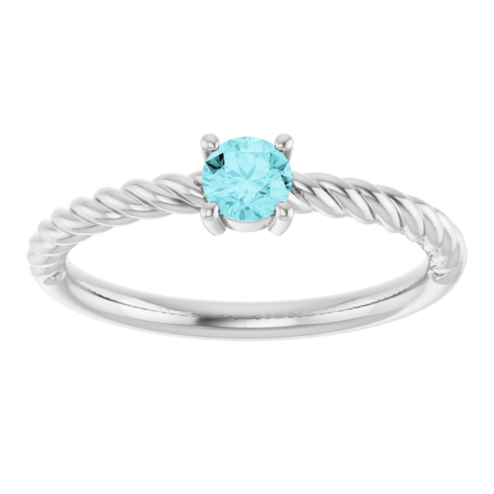 14K White 4 mm Natural Blue Zircon Solitaire Rope Ring