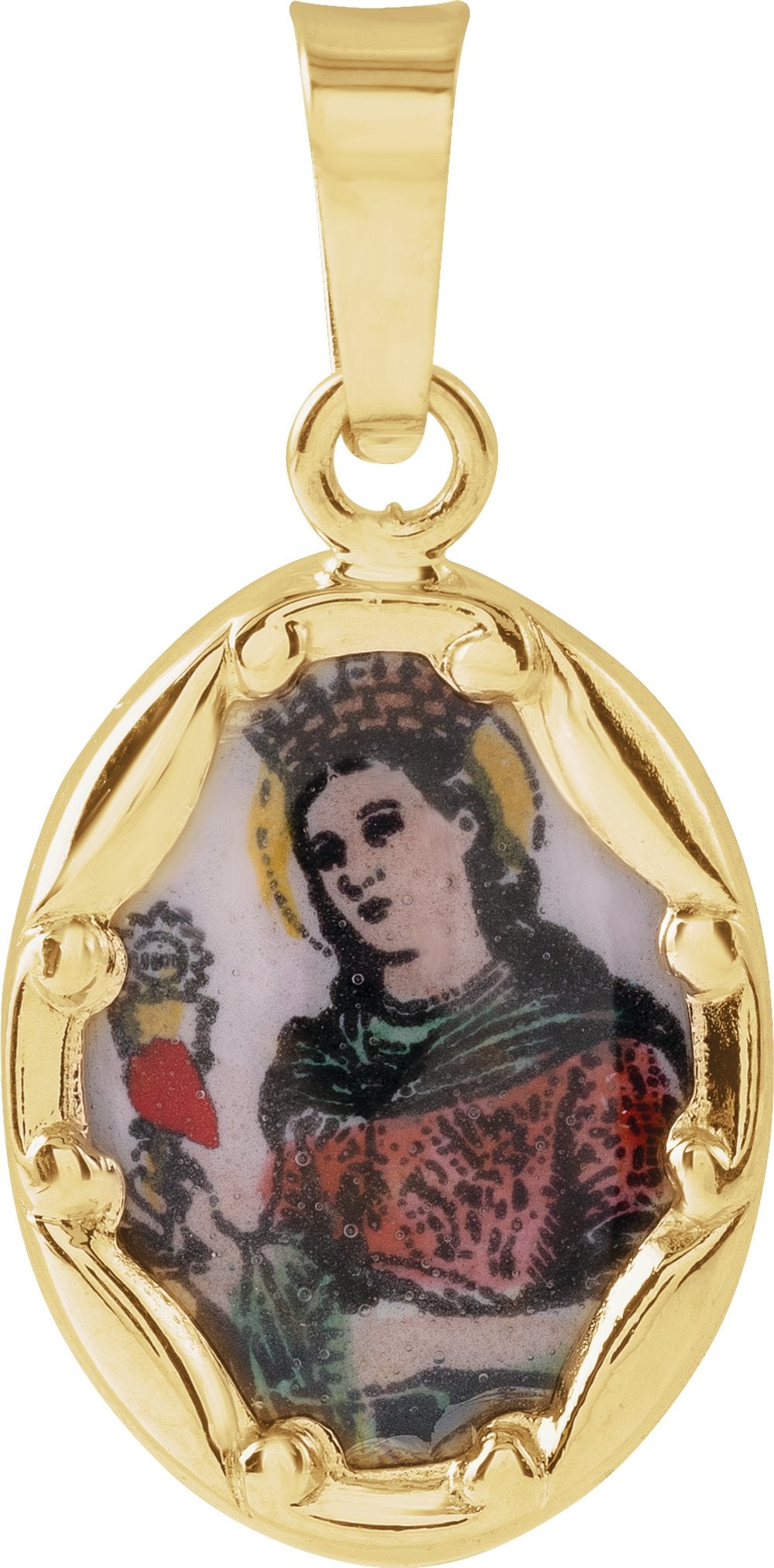 14K Yellow 13x10 mm Oval Hand Painted Porcelain St. Barbara Medal