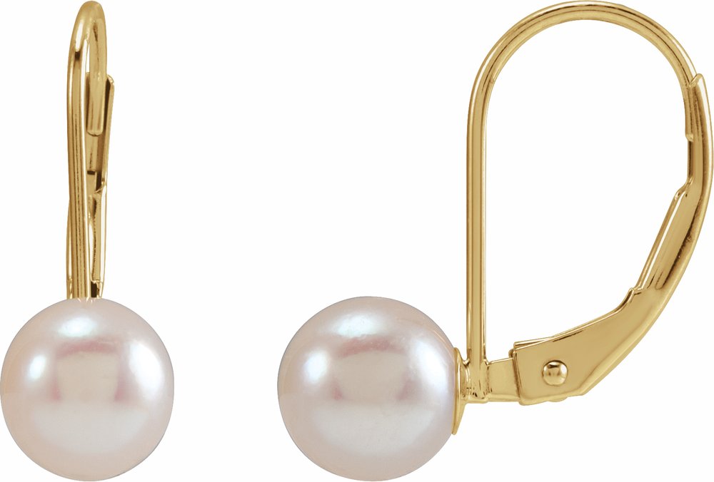 14K Yellow Gold Cultured White Akoya Pearl Lever Back Earrings