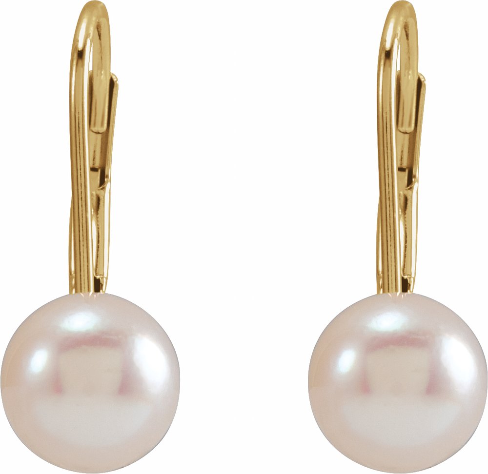 14K Yellow Gold Cultured White Akoya Pearl Lever Back Earrings