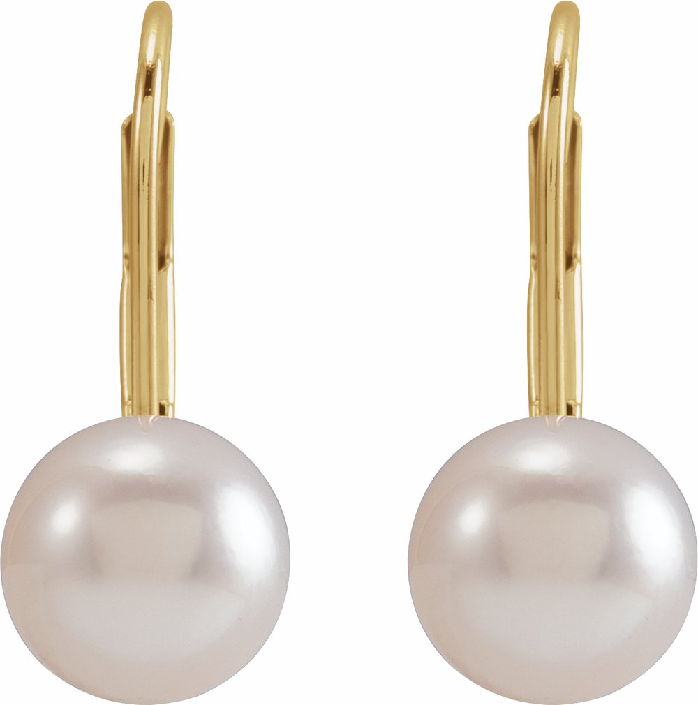 14K Yellow Gold Cultured White Akoya Pearl Lever Back Earrings