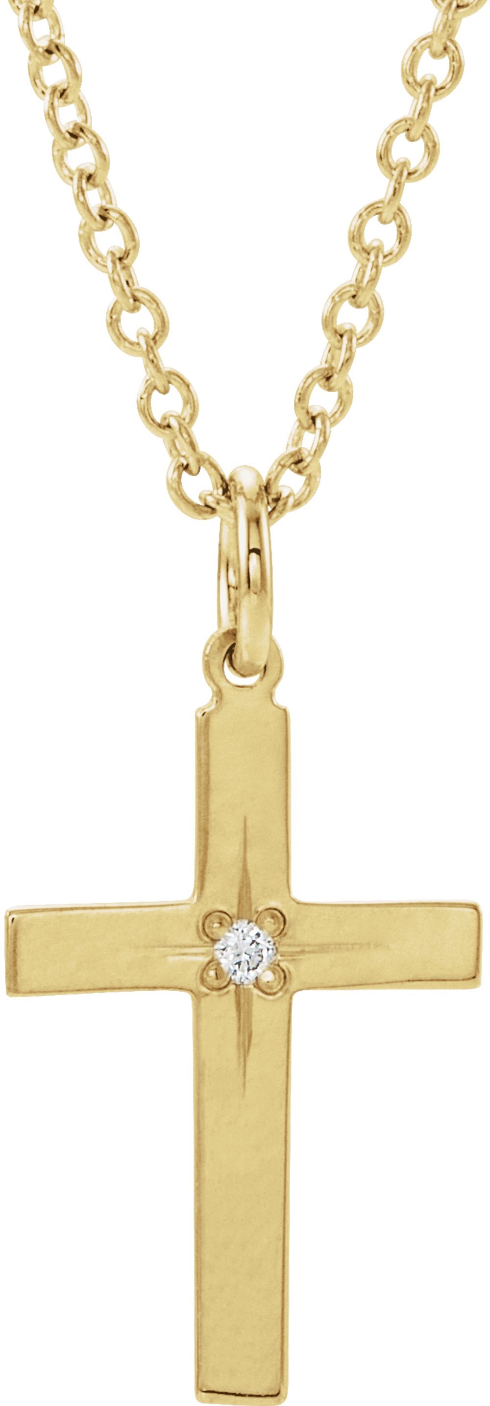 14K Yellow Gold .0075 CT Natural Diamond Youth Cross 15" Necklace