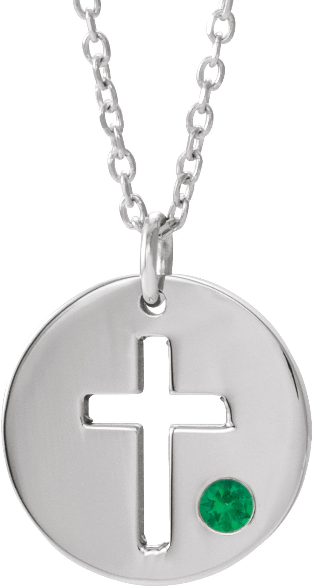 Sterling Silver Imitation Emerald Pierced Cross Disc 16-18" Necklace