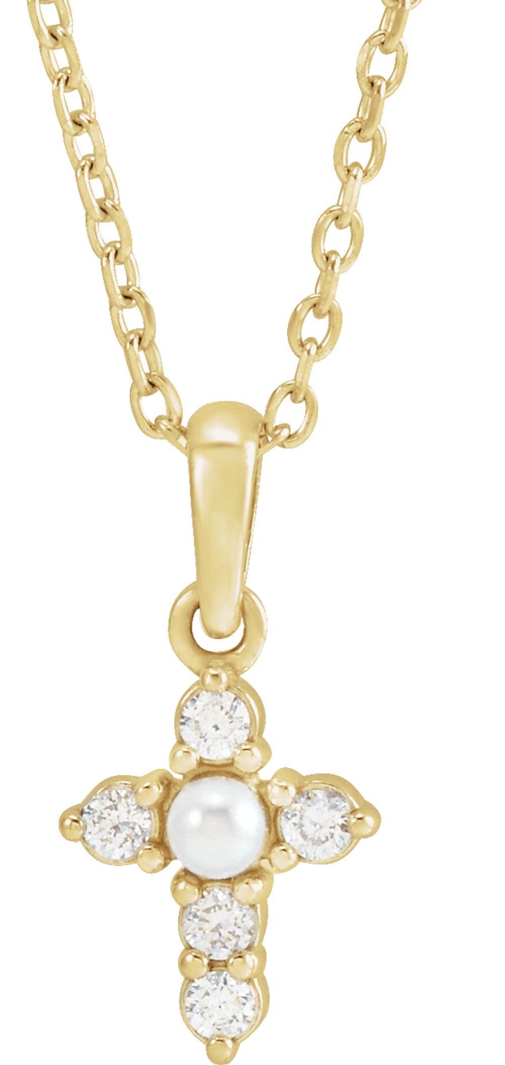 14K Yellow Gold Cultured White Seed Pearl & .07 CTW Natural Diamond Cross 16-18" Necklace