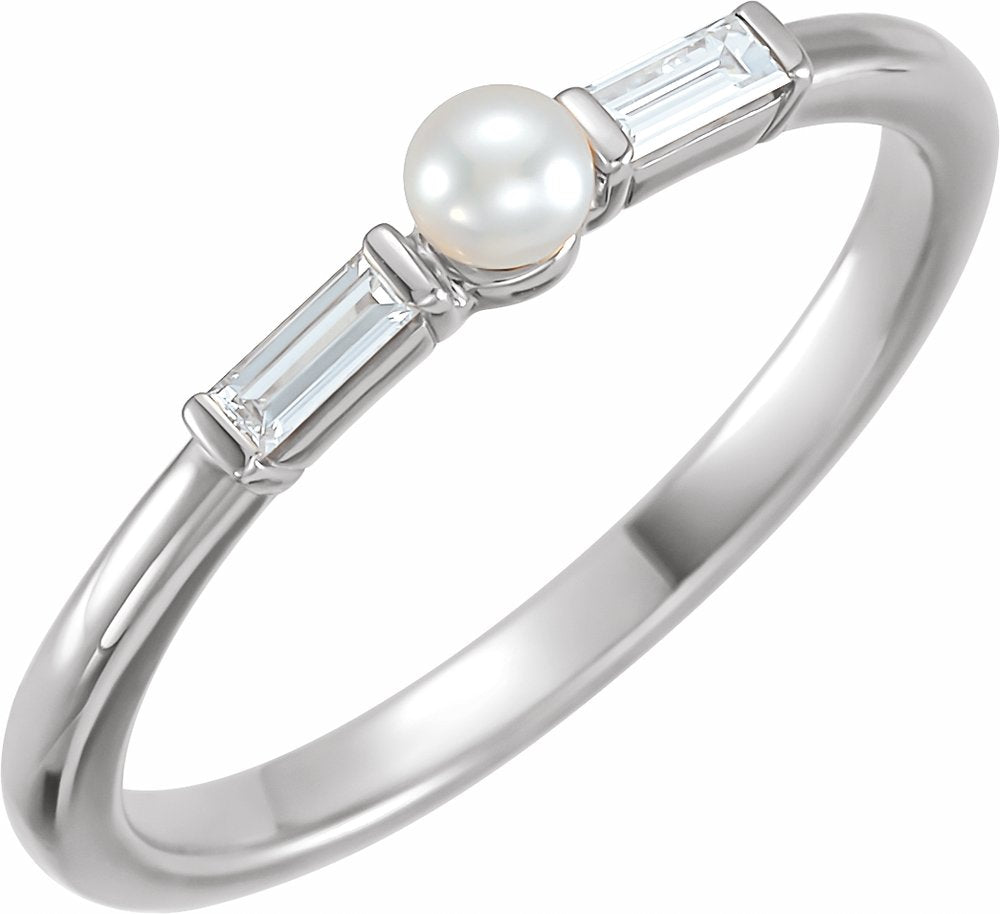 14K White Cultured White Seed Pearl & 1/8 CTW Natural Diamond Ring