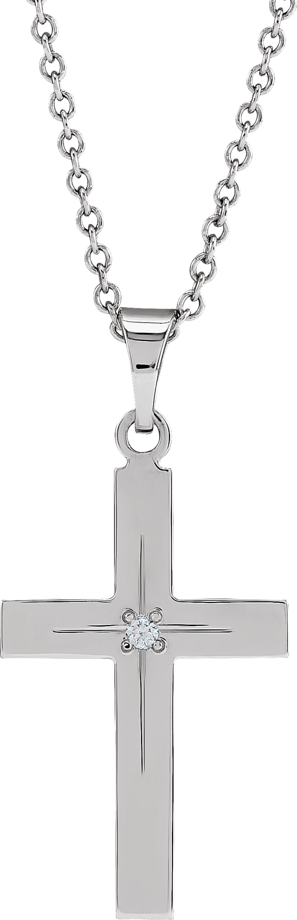 14K White Gold .01 CT Natural Diamond Cross 18" Necklace