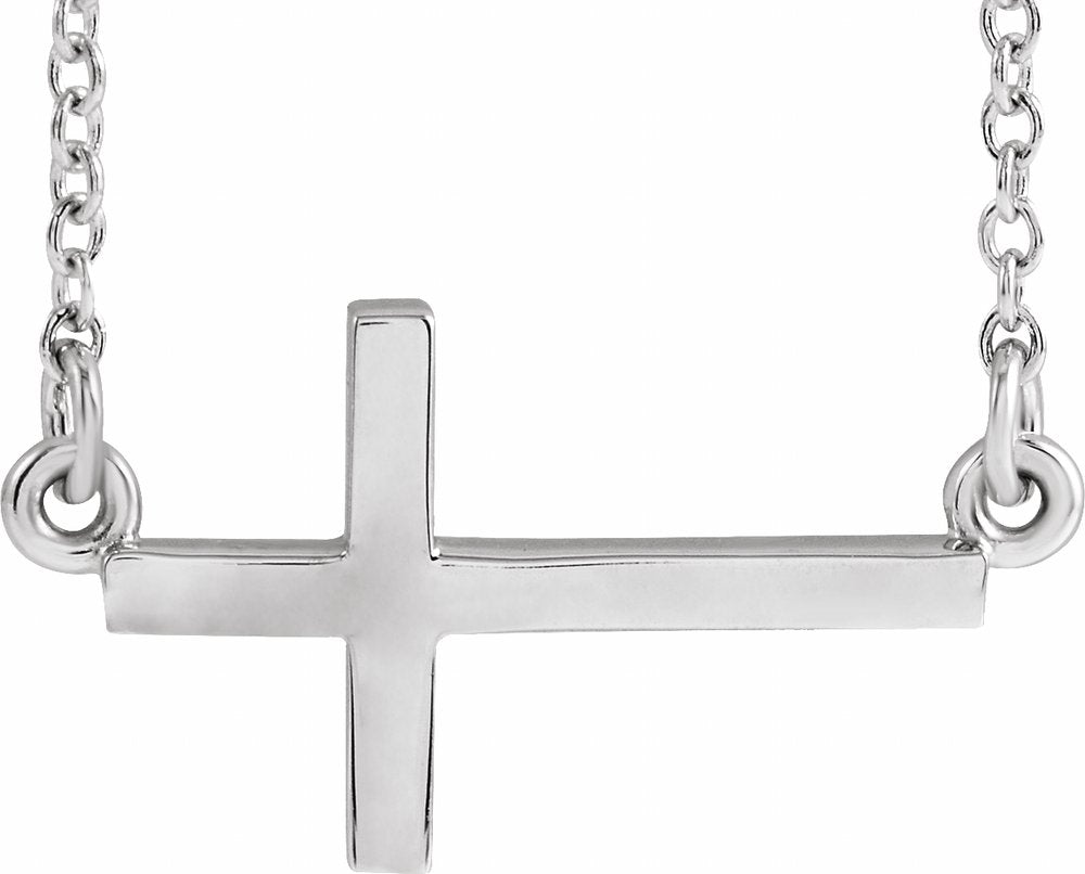14K White Gold 17x9 mm Sideways Cross 16-18" Necklace