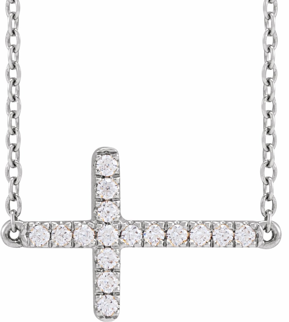 14K White Gold 1/6 CTW Lab-Grown Diamond Sideways Cross 16-18" Necklace