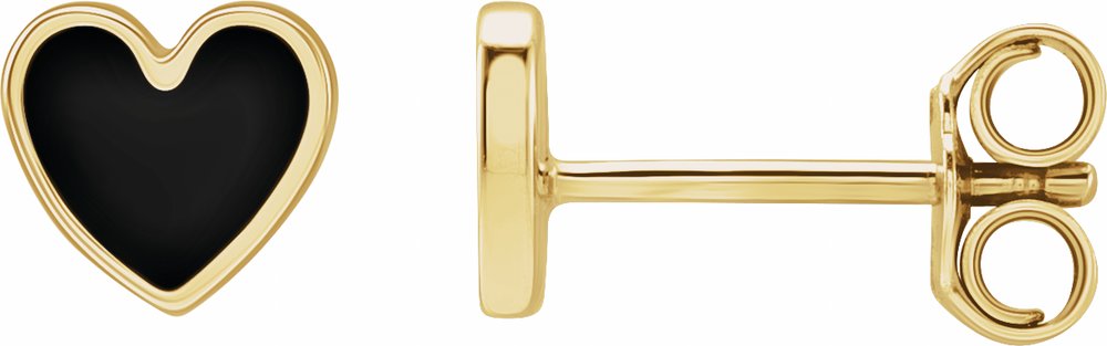 14K Yellow Gold Black Enamel Heart Earrings