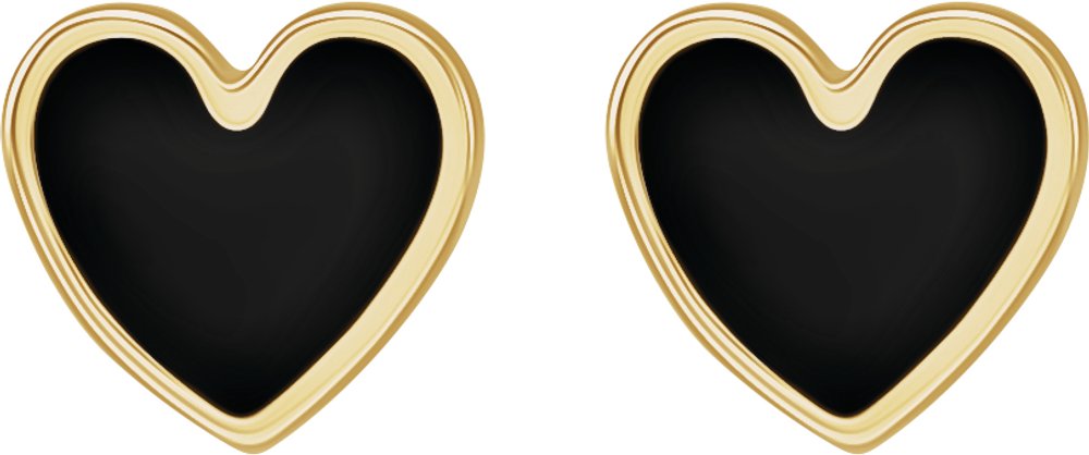 14K Yellow Gold Black Enamel Heart Earrings