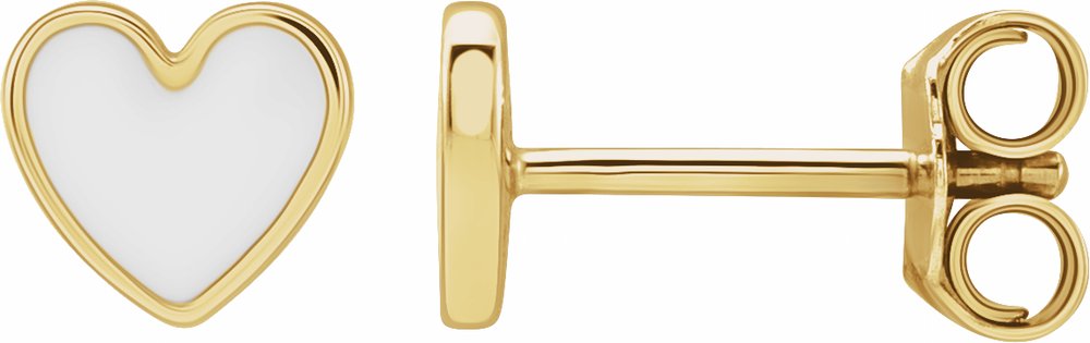 14K Yellow Gold White Enamel Heart Earrings