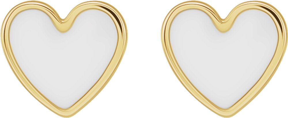 14K Yellow Gold White Enamel Heart Earrings