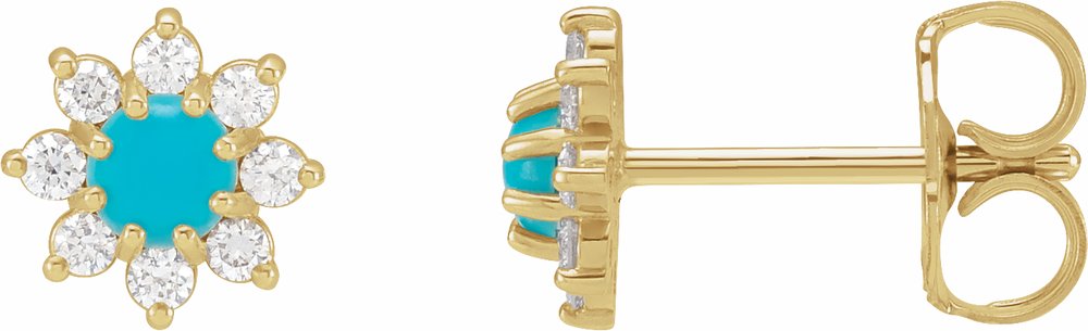 14K Yellow Gold Natural Turquoise & 1/8 CTW Natural Diamond Flower Earrings