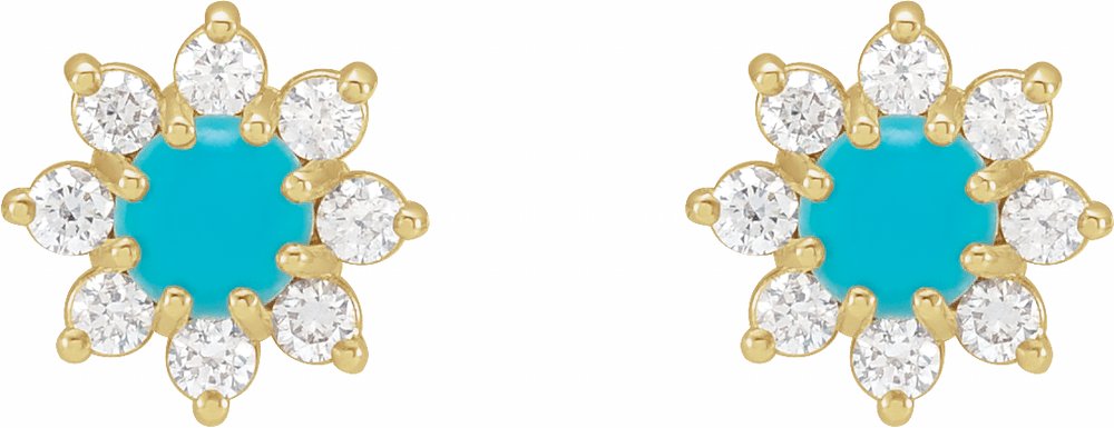 14K Yellow Gold Natural Turquoise & 1/8 CTW Natural Diamond Flower Earrings