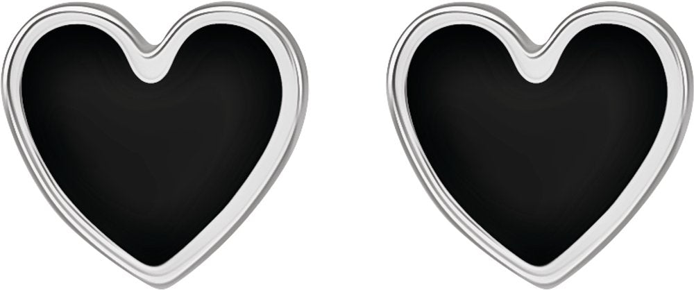 14K White Gold Black Enamel Heart Earrings