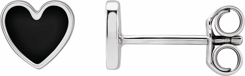 14K White Gold Black Enamel Heart Earrings