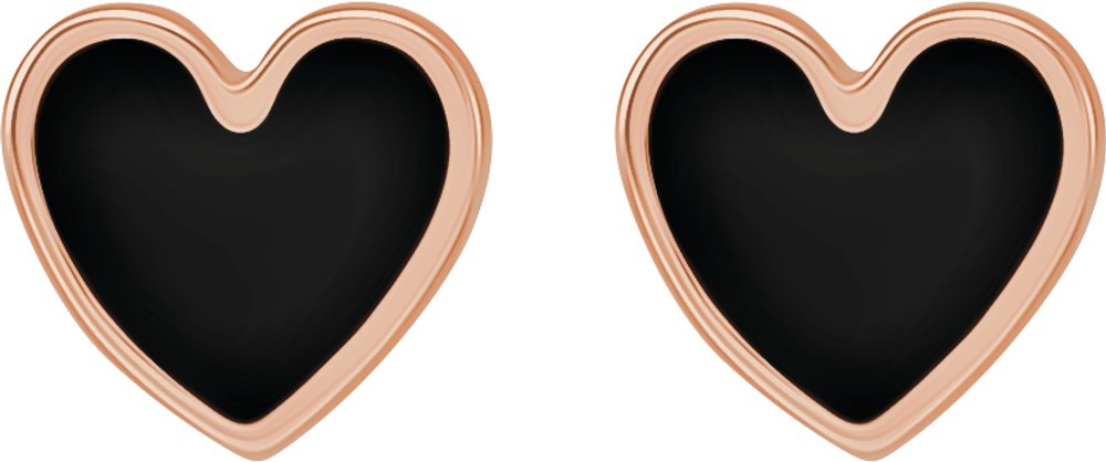 14K Rose Gold Black Enamel Heart Earrings