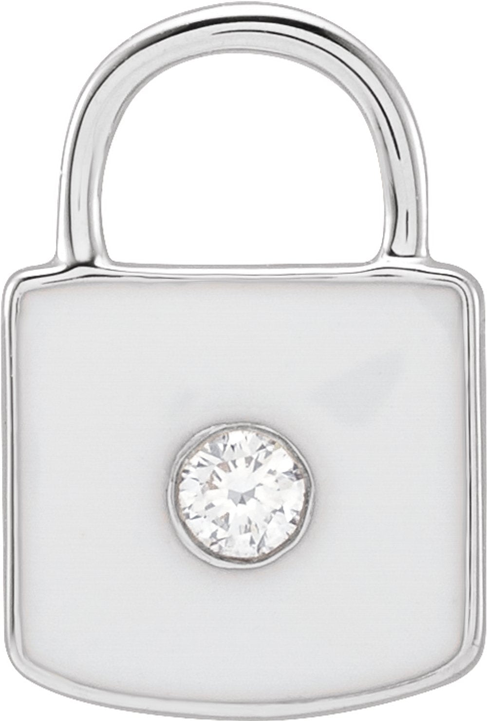 14K White .035 CT Natural Diamond & White Enamel Lock Charm/Pendant