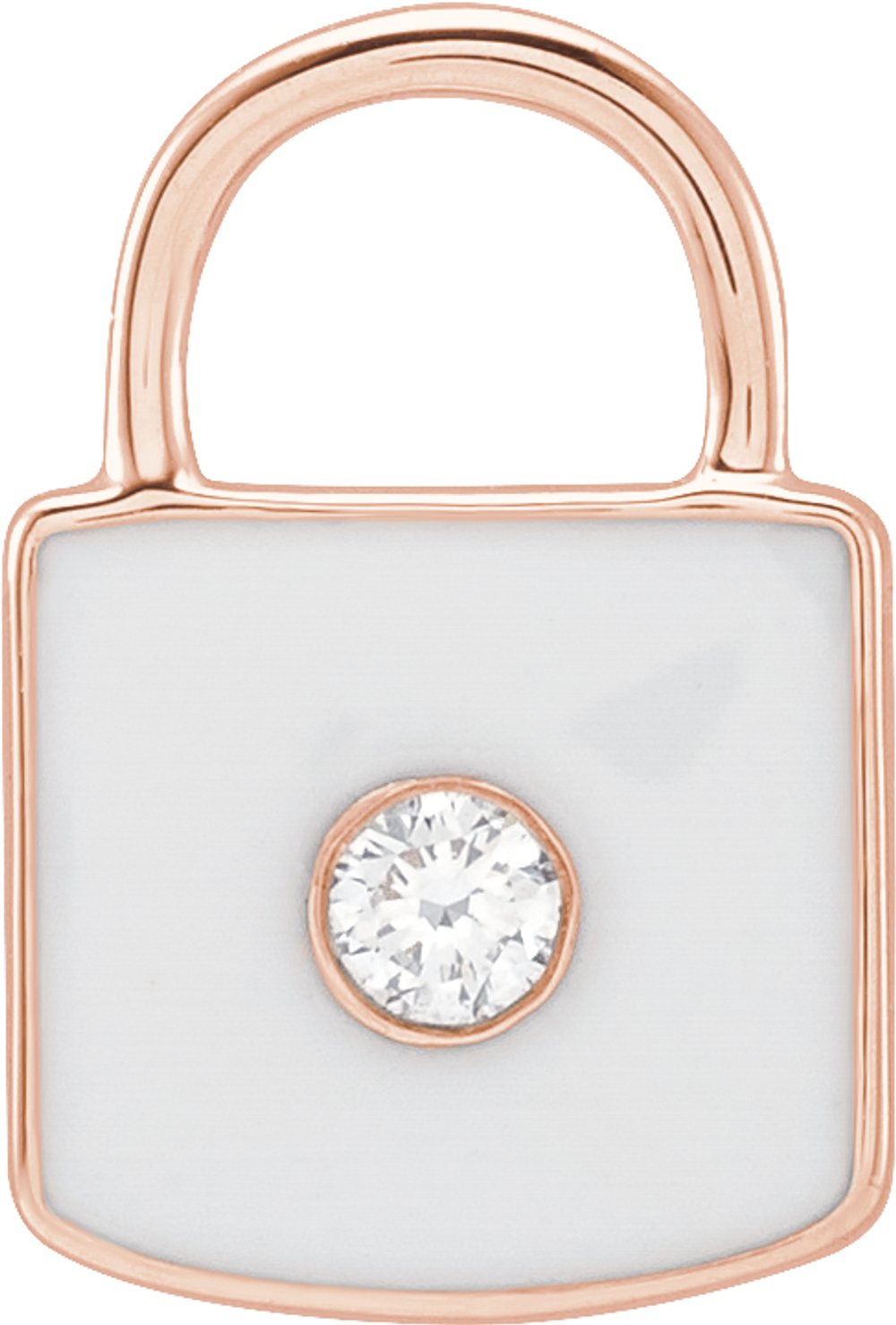 14K Rose .035 CT Natural Diamond & White Enamel Lock Charm/Pendant