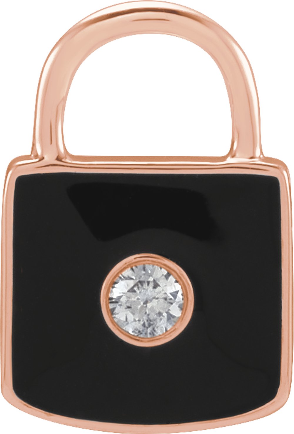 14K Rose .035 CT Natural Diamond & Black Enamel Lock Charm/Pendant