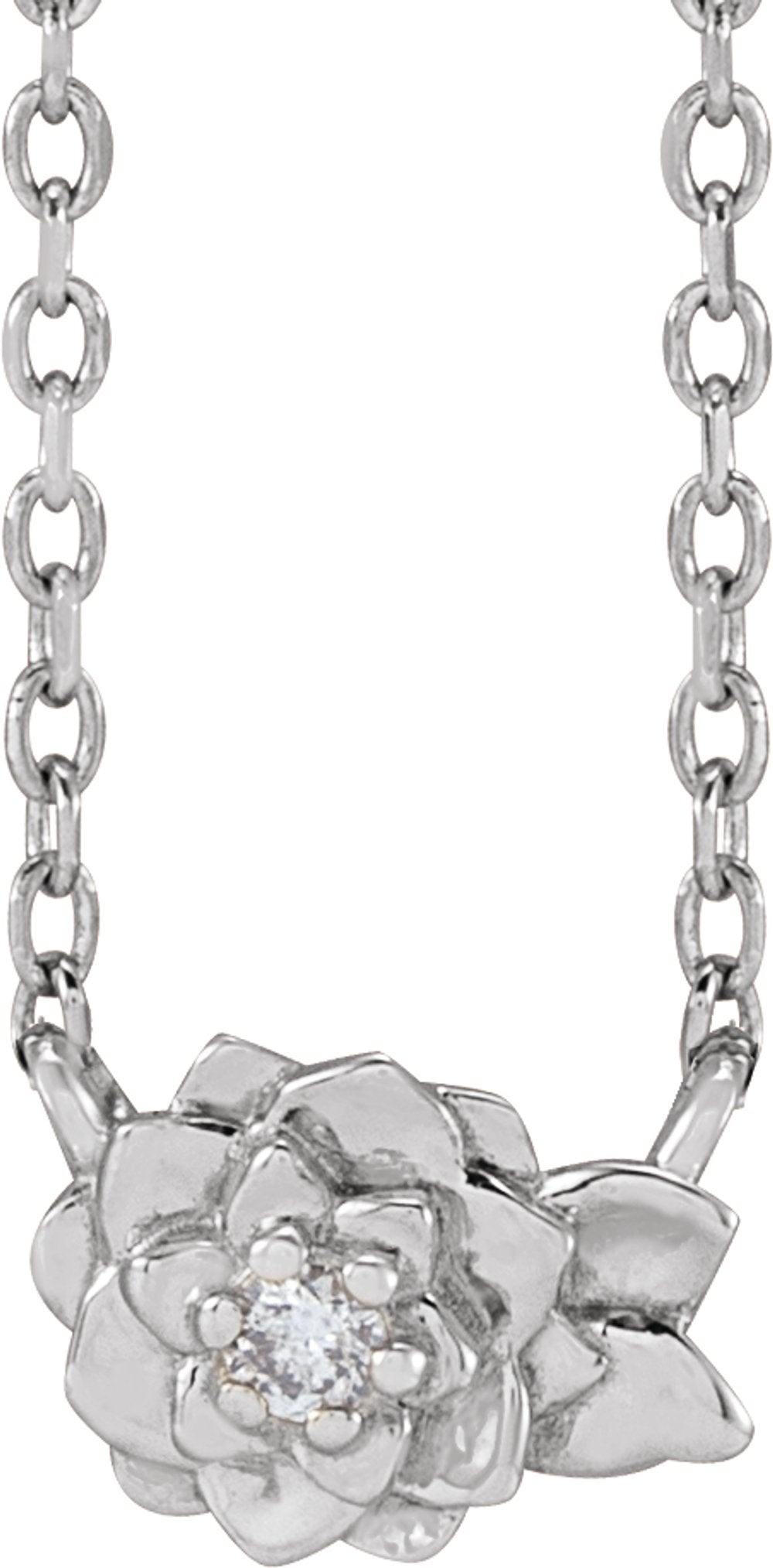 14K White .015 CT Natural Diamond Flower 16-18" Necklace