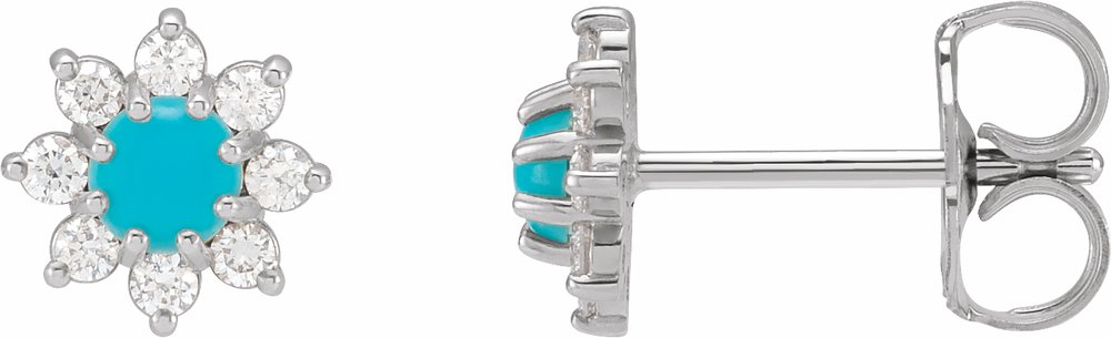 14K White Gold Natural Turquoise & 1/8 CTW Natural Diamond Flower Earrings