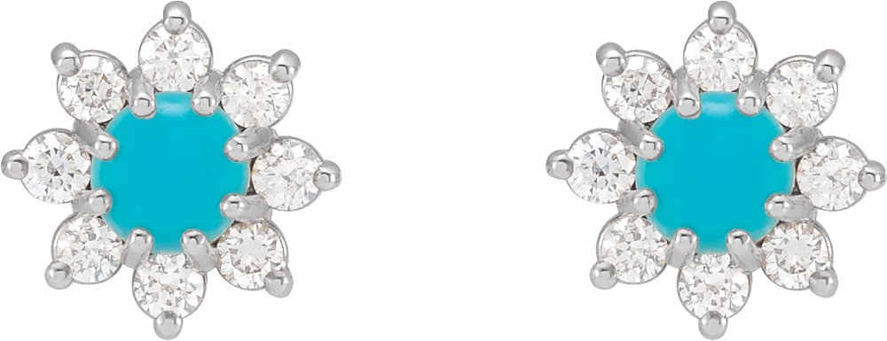 14K White Gold Natural Turquoise & 1/8 CTW Natural Diamond Flower Earrings