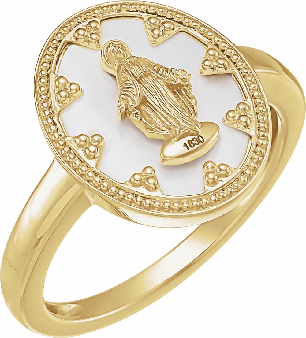 14K Yellow Gold Oval White Enamel Miraculous Medal Ring