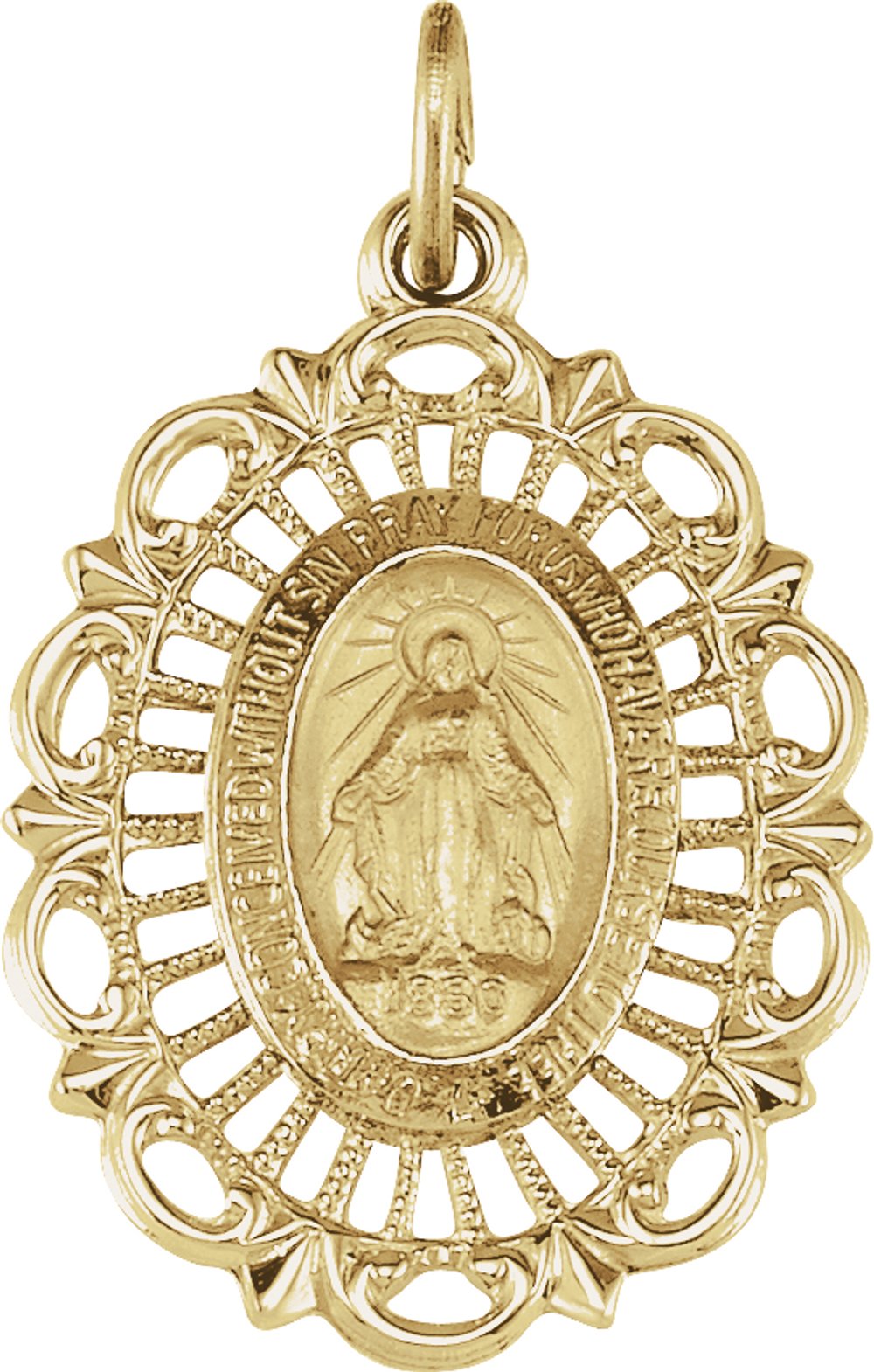 14K Yellow Gold 22x16 mm Oval Filigree Miraculous Medal