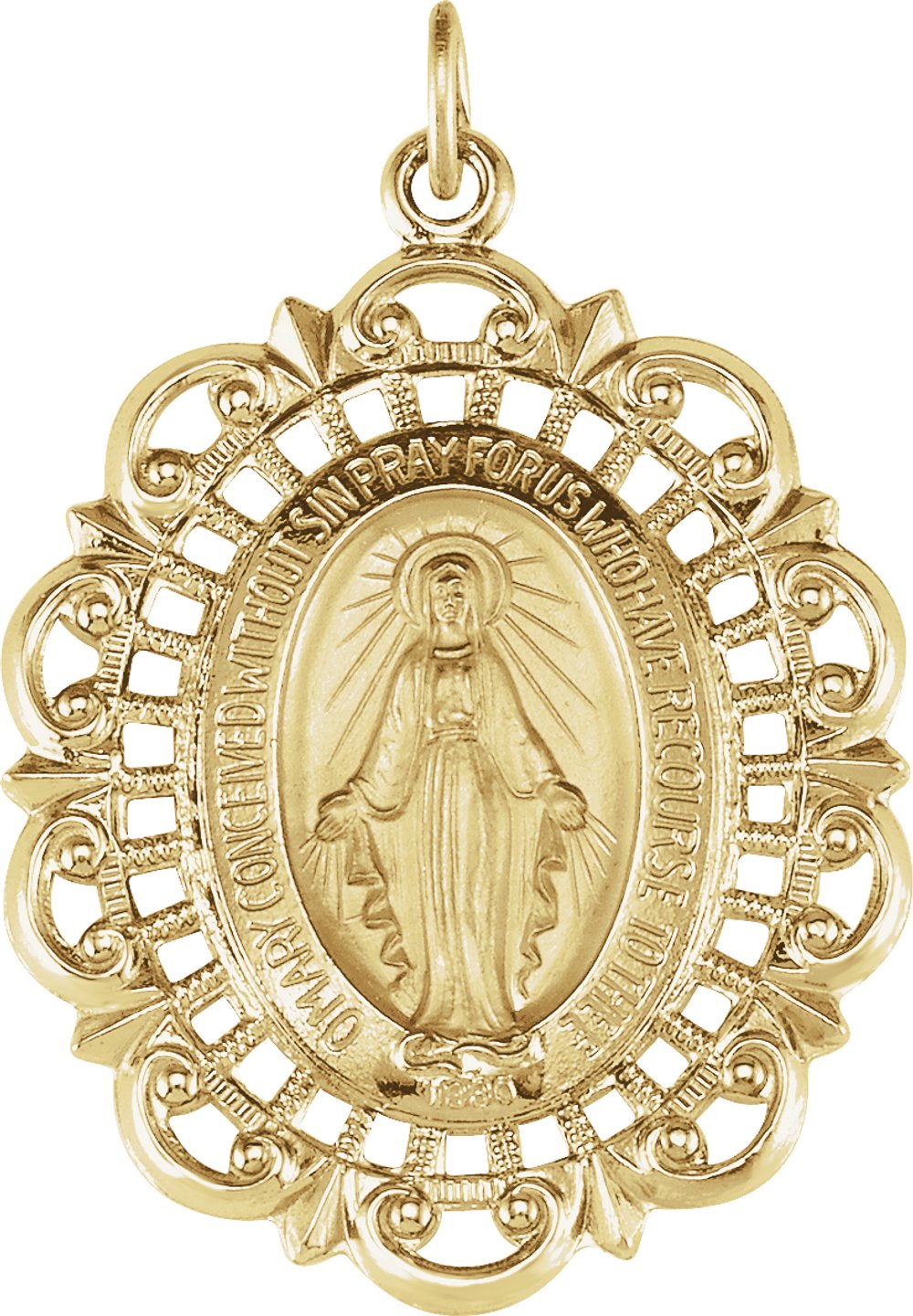 14K Yellow Gold 32x23 mm Oval Filigree Miraculous Medal