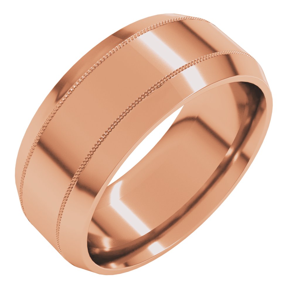 14K Rose Gold 8 mm Milgrain Beveled-Edge Comfort-Fit Flat Band Size 10.5