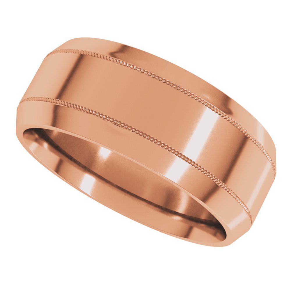 14K Rose Gold 8 mm Milgrain Beveled-Edge Comfort-Fit Flat Band Size 10.5