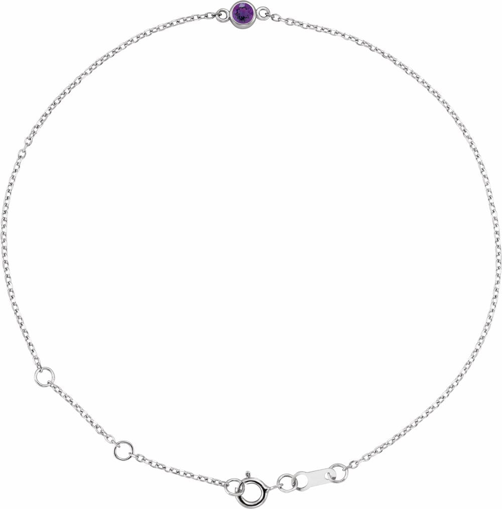 14K White Gold Natural Amethyst Bezel-Set Solitaire 6 1/2-7 1/2" Bracelet