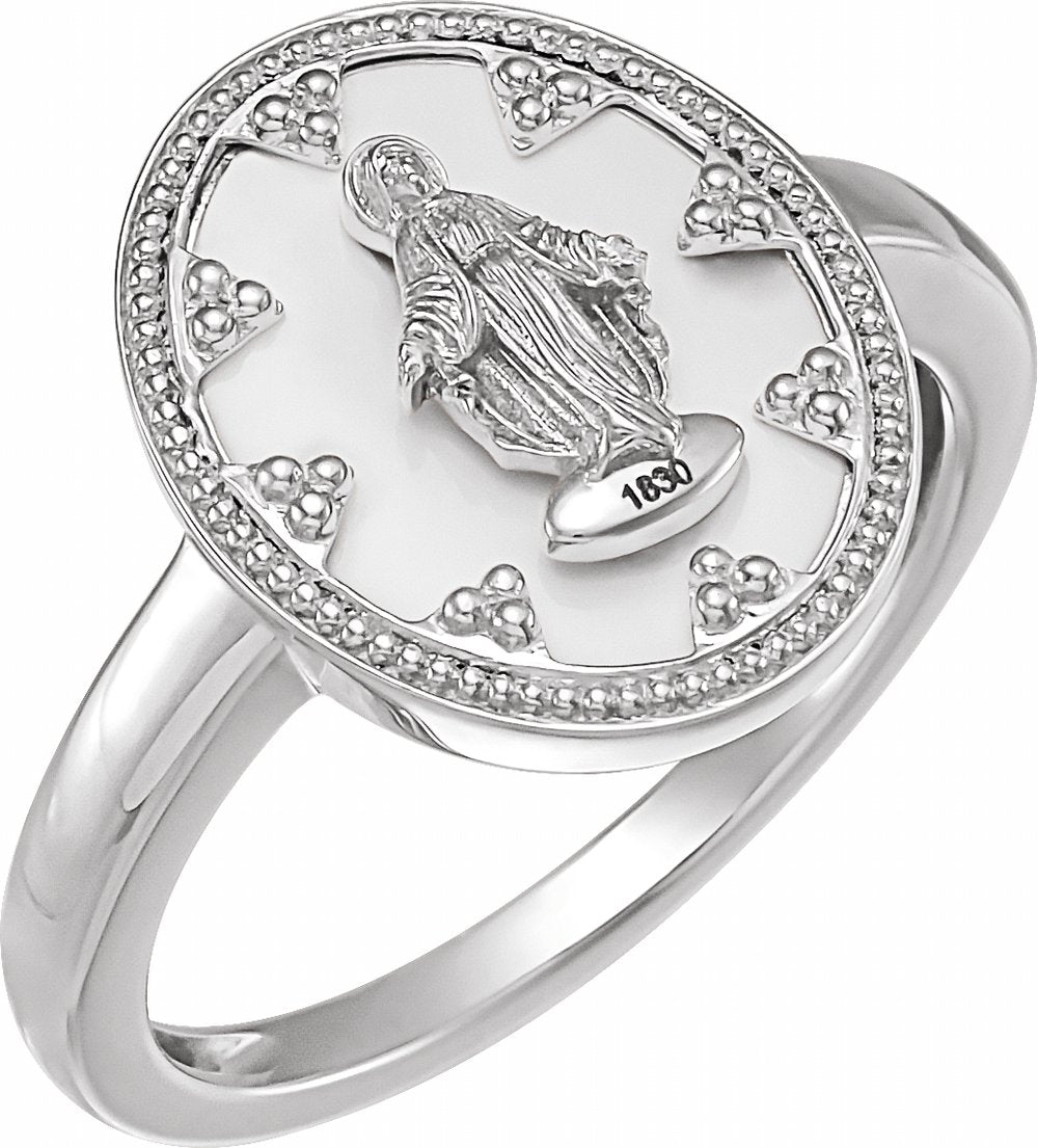 14K White Gold Oval White Enamel Miraculous Medal Ring