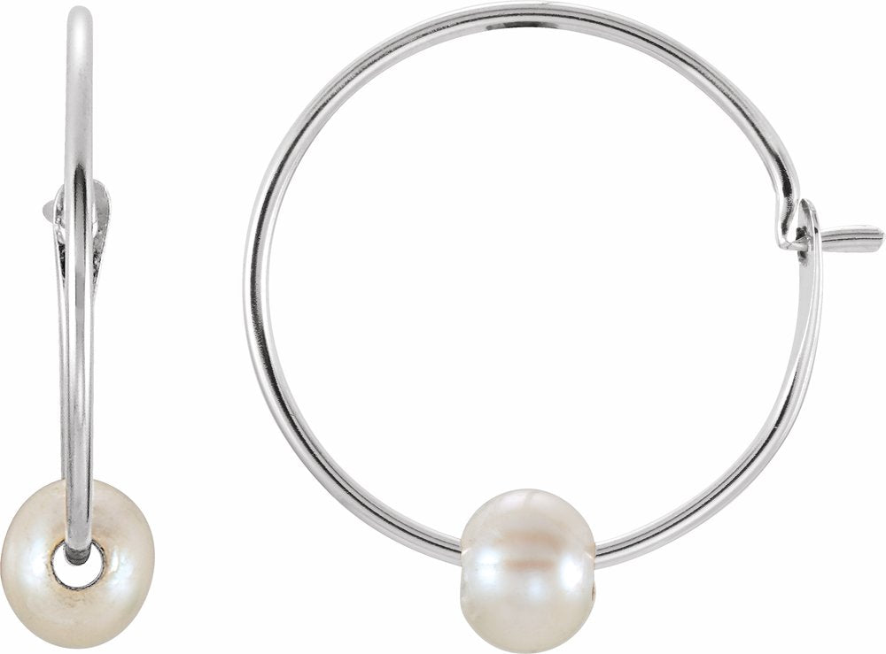 14K White Gold Cultured White Freshwater Pearl Youth Huggie Earrings
