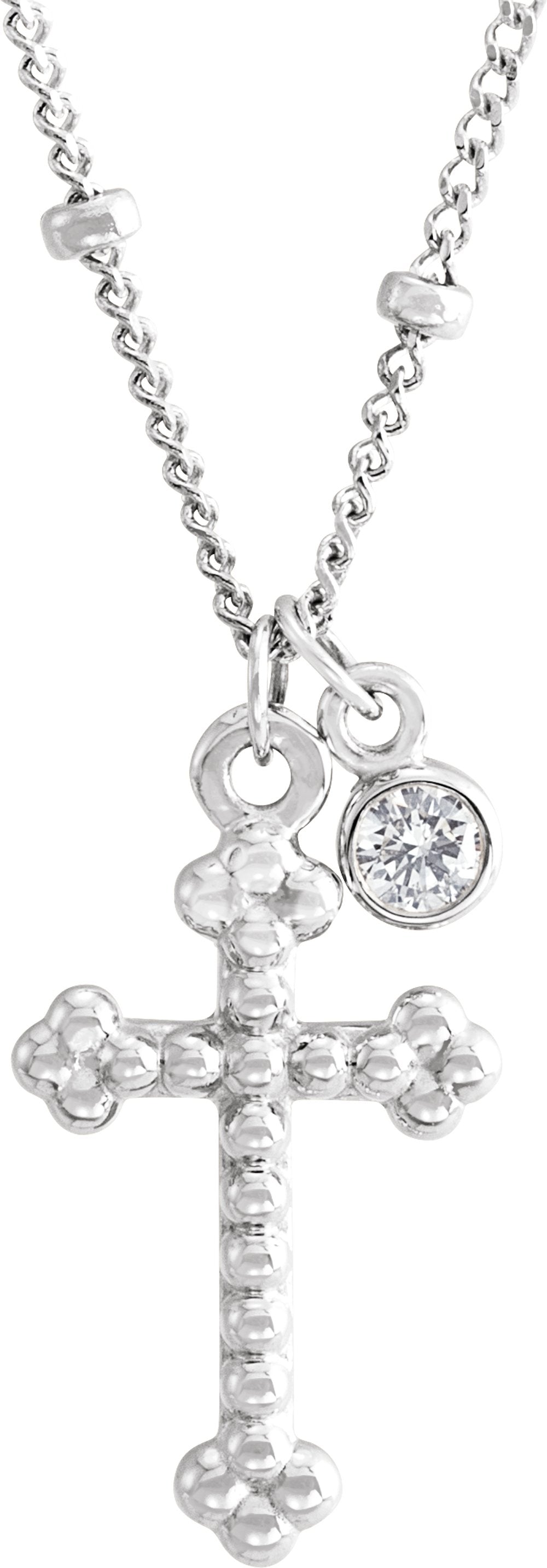 14K White Gold .06 CT Natural Diamond Beaded Cross 20" Necklace