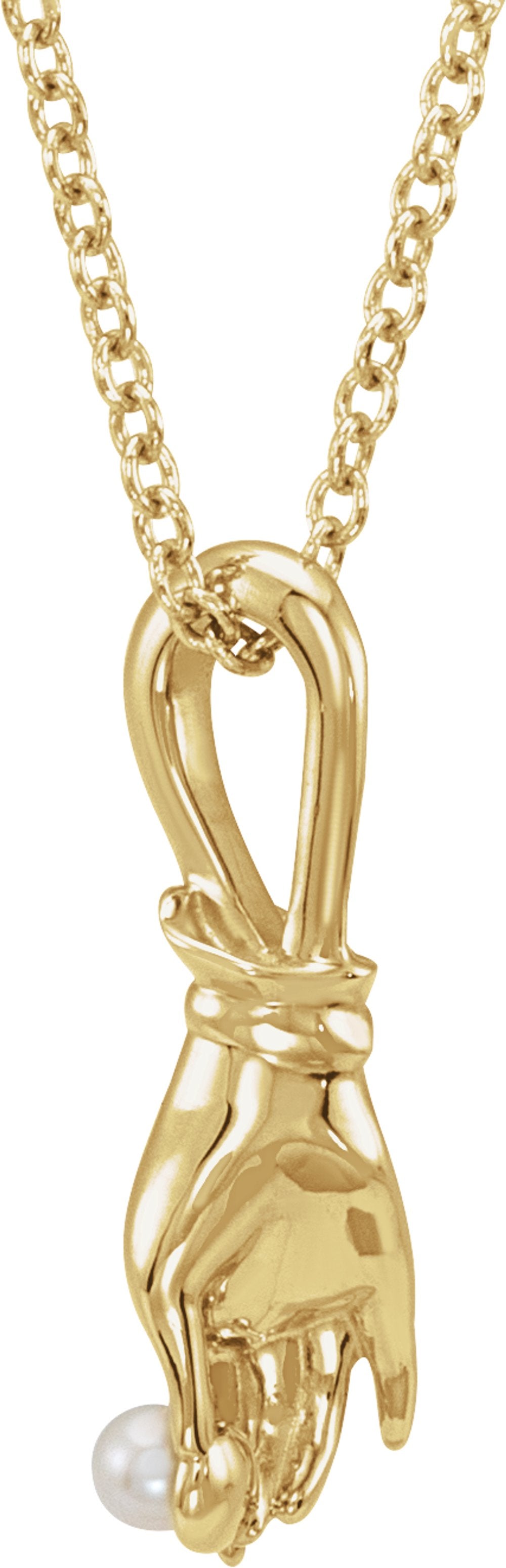 14K Yellow Gold Cultured White Seed Pearl Buddha Hand 16-18" Necklace